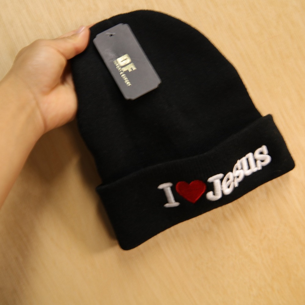 DF I Heart Jesus Embroidered Beanie Black Cuffed Knit Hat Religious Faith
